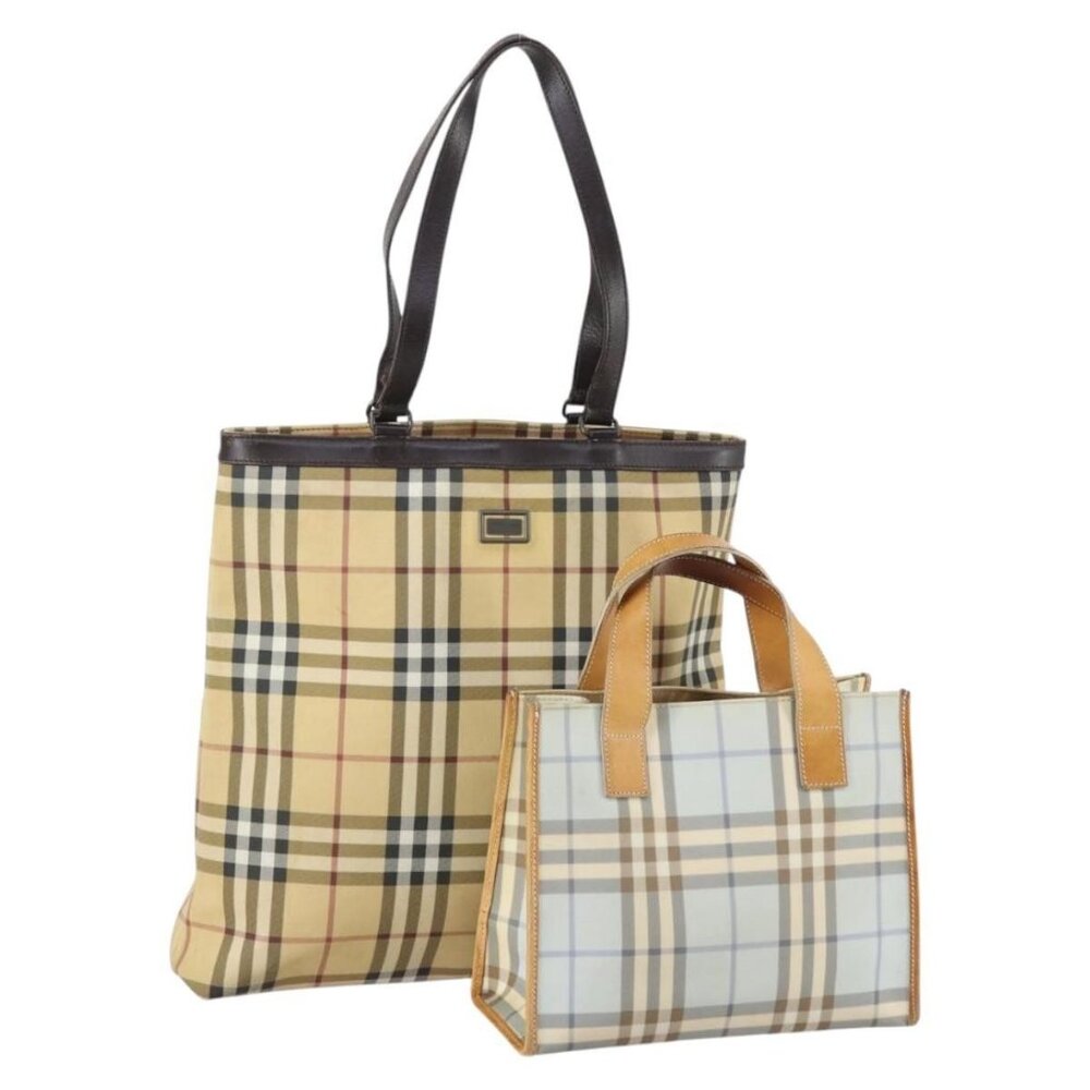 BURBERRY Nova Check Tote Bag PVC 2 Set Light Blue Beige Auth gh1008